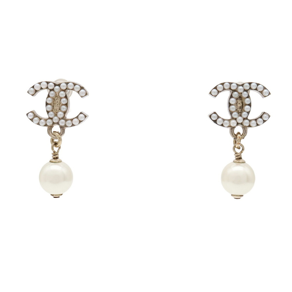 CHANEL White Pearl Logo Earrings